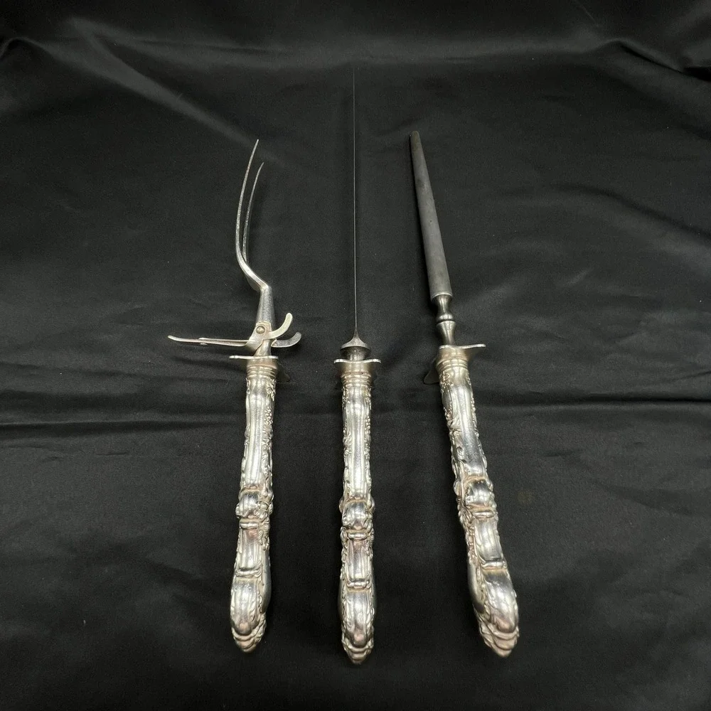VTG 1835 R Wallace Silver Plate 3 Pcs Carving Set Knife Fork Steel Ornate Floral
